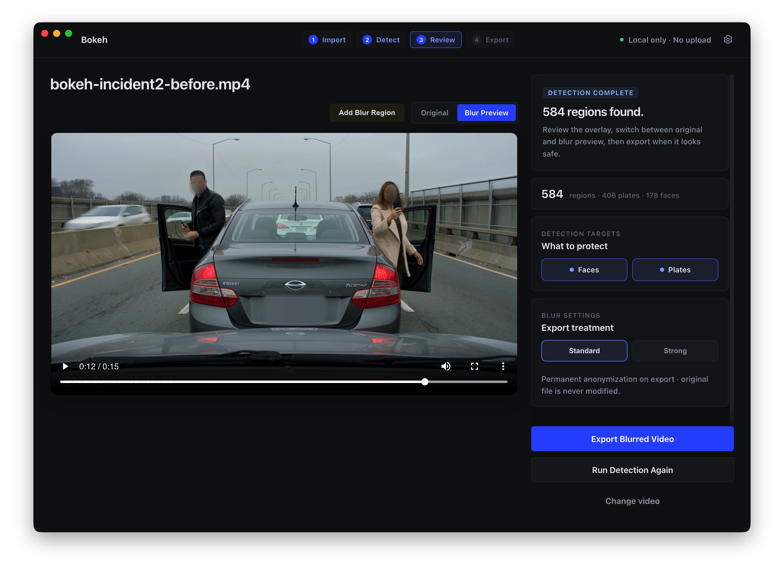 The Bokeh app reviewing a detected clip — 584 plates and faces found, blur preview before export
